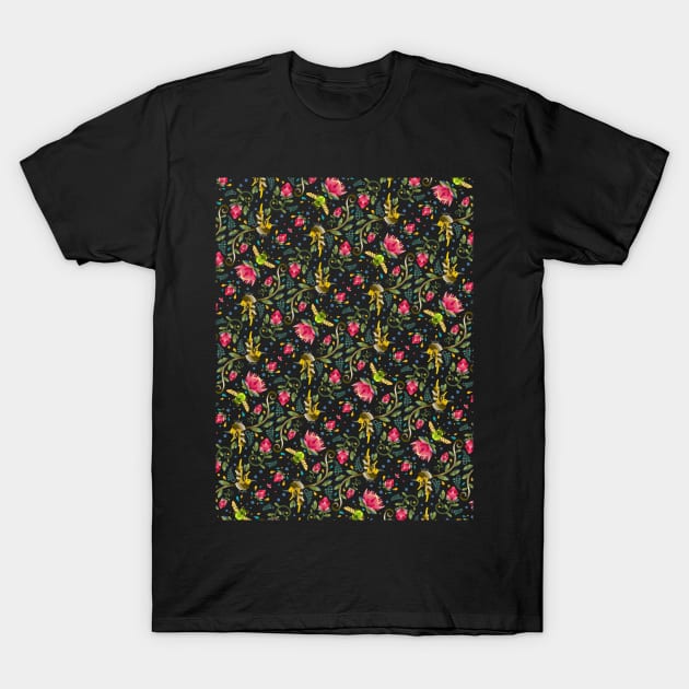 Dark Dynamic Sugarbird and Green Beetle Pattern T-Shirt by maak and illy